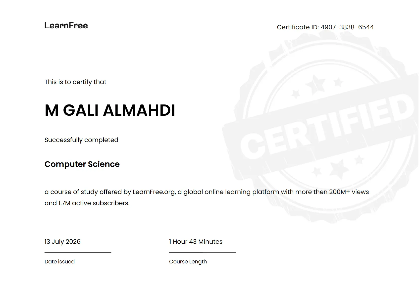 Computer Science certificate from LearnFree