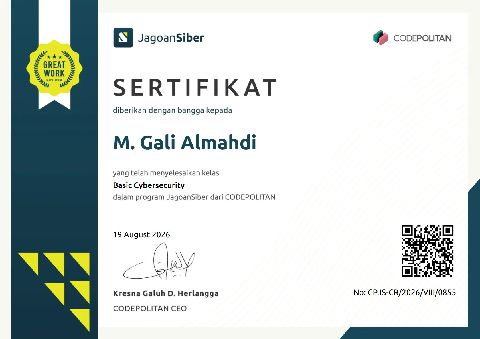Basic Cybersecurity certificate from JagoanSiber