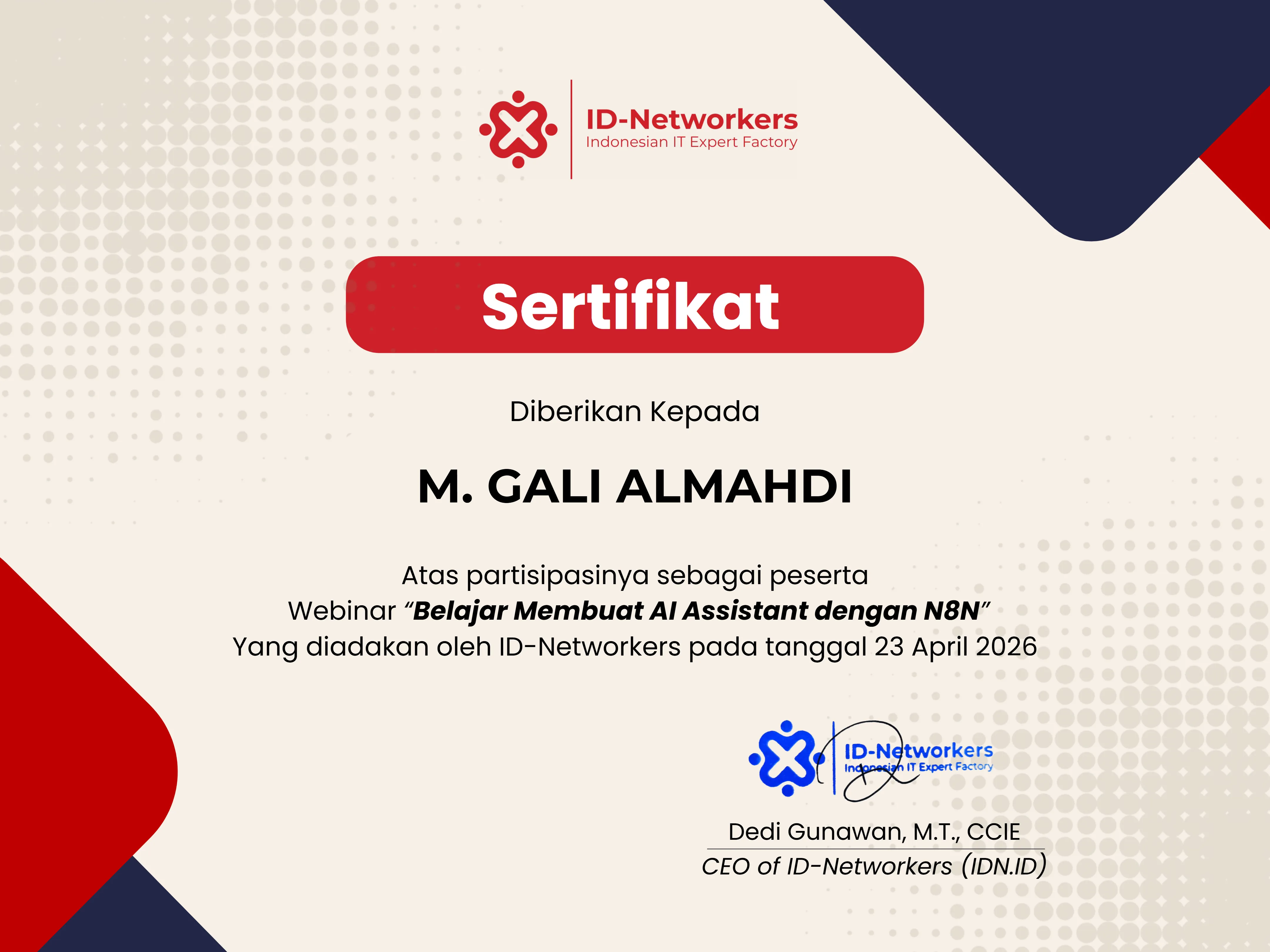 Belajar Membuat AI Assistant dengan N8N certificate from ID-Networkers