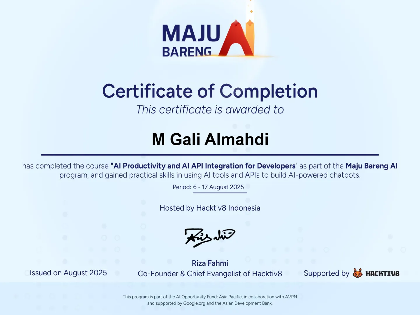 AI Productivity and AI API Integration for Developers certificate from Maju Bareng AI