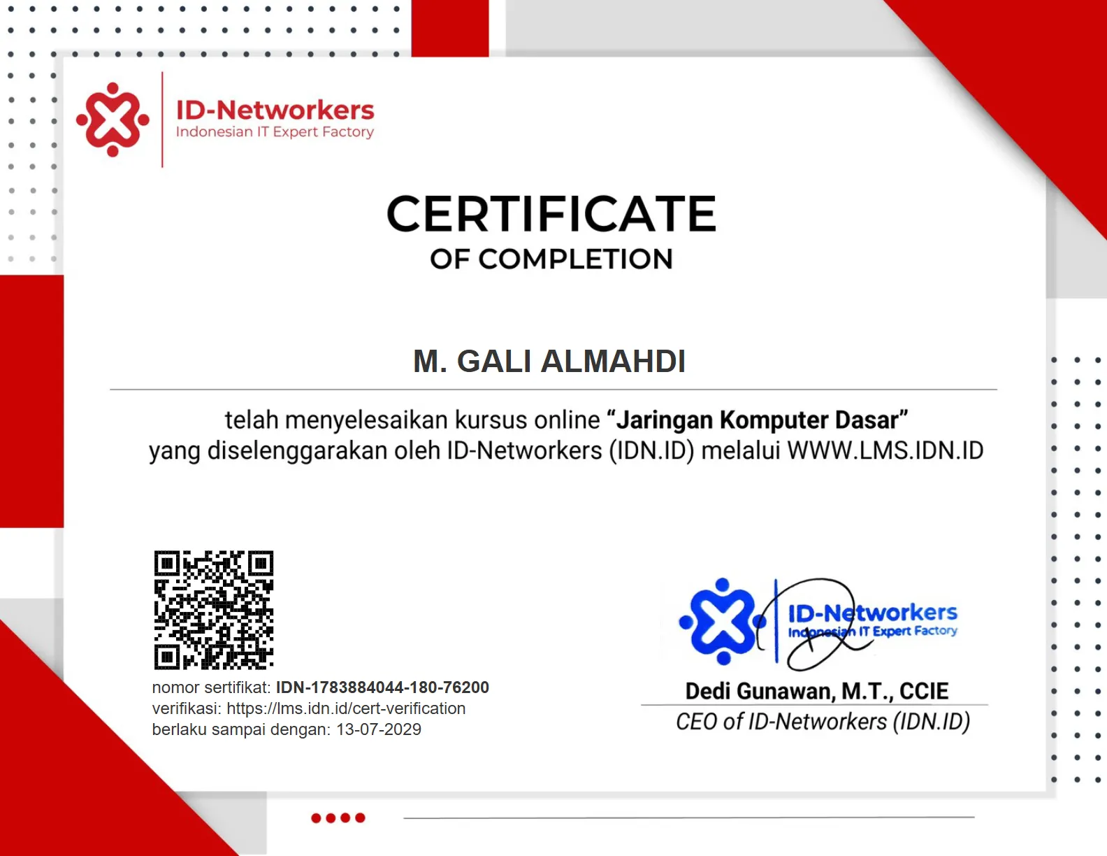 Jarinagan Komputer Dasar certificate from ID-Networkers